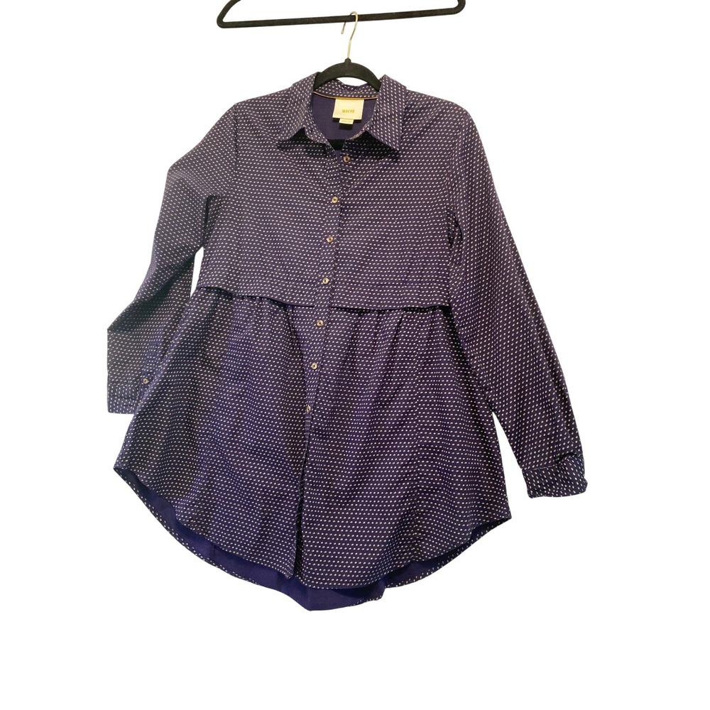 Maeve Button Down Tunic Women Medium Navy Blue Polka‎ Dot Long Sleeve Peplum Hem